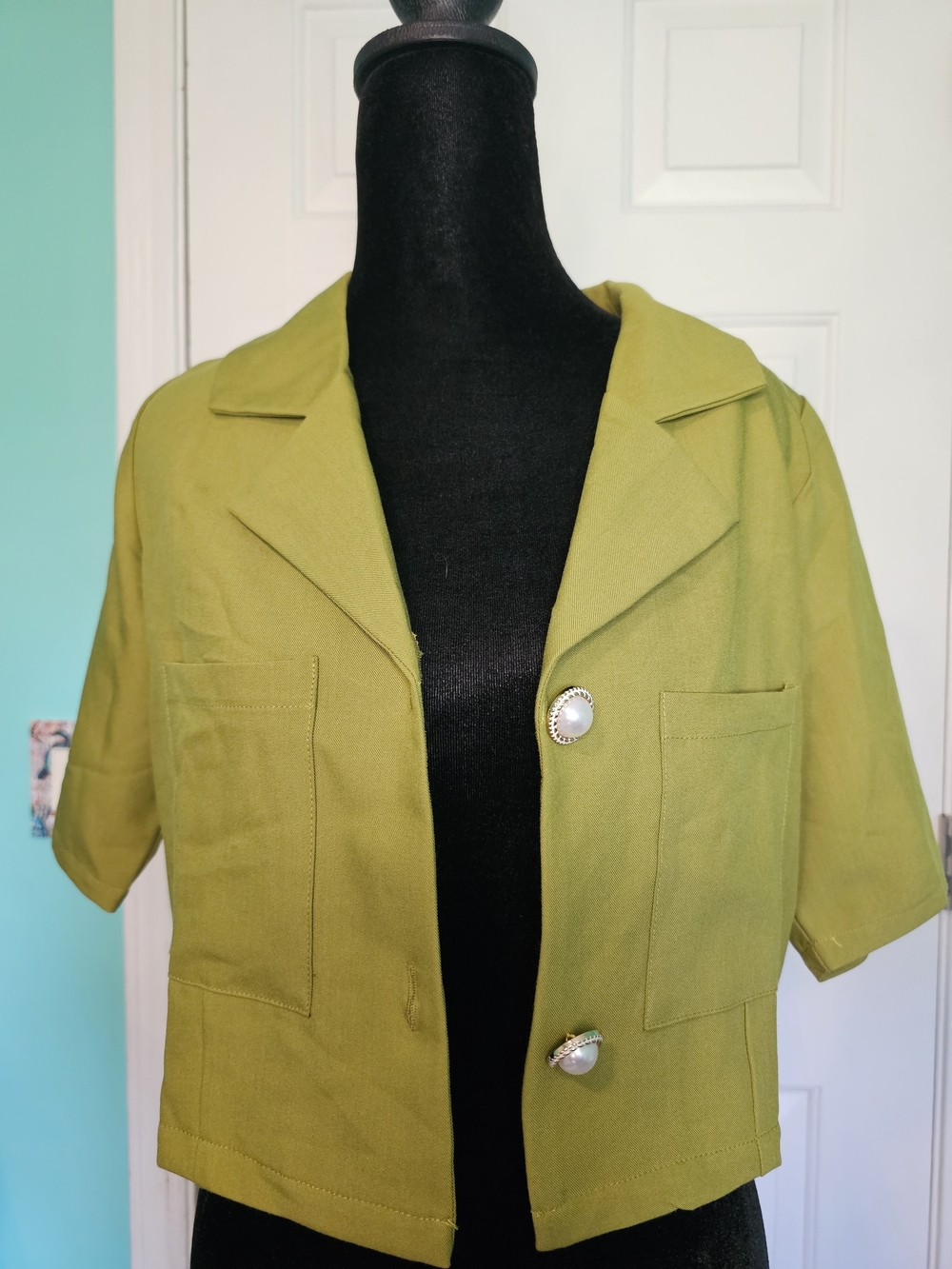 Vero Moda Cropped Blazer in Lime Green w/ Pearl Buttons Women's Size L NWT - Picture 3 of 13